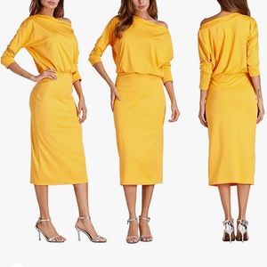 ☀️ One Shoulder Long Sleeve Bodycon Midi Dress in Yellow